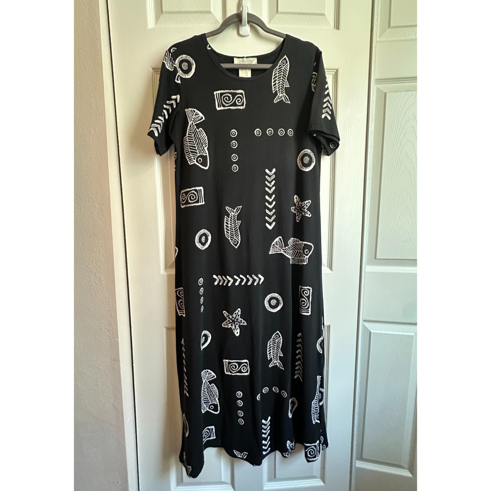 VTG 90s Casual Corner Womens Small Black Maxi T-shirt Dress Geometric Fish Print